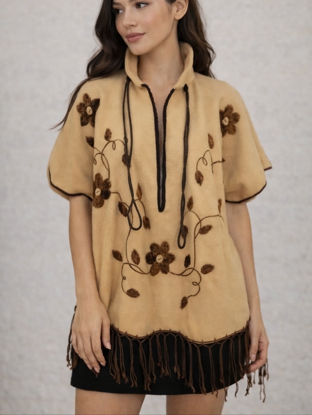 Vtg 1960s Mexican Felt Wool Brown Floral Embroidered Fringe Poncho